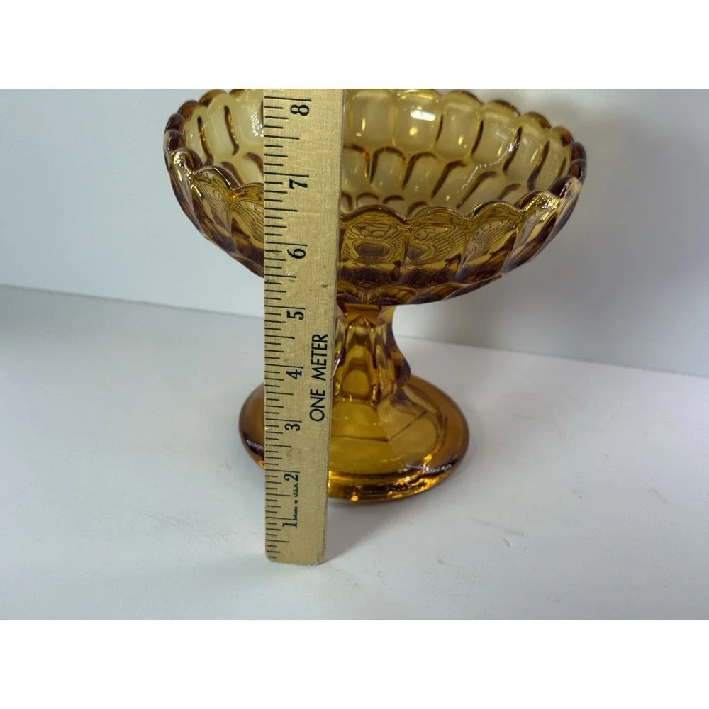 Vintage Amber Glass Thumbprint Pedestal Compote Bowl Scalloped Centerpiece Dish